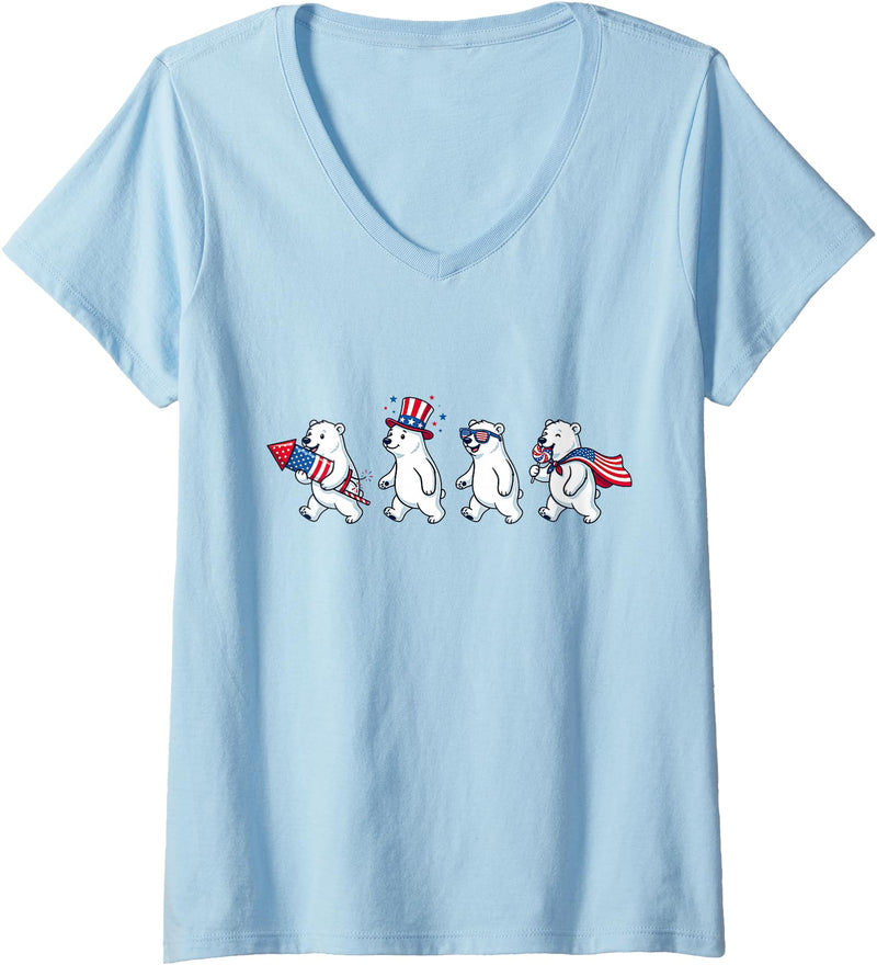 Polar Bear Lover Patriotic Veterans Day Costume Women's Funny Polar Bear American USA Flag 250 Years 4th of July V-Neck T-Shirt - Baby Blue