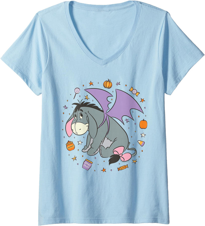 Women's Disney Winnie the Pooh Halloween Eeyore Trick-or-Treat Candy V-Neck T-Shirt - Baby Blue