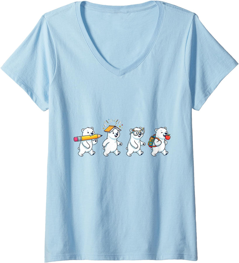 Cute Polar Bear Lovers First Day of School Costume Women's Funny Polar Bear Back to School Teacher Student V-Neck T-Shirt - Baby Blue