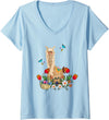 Easter Lama, Llama Lover Womens Lama, Llama With Easter Eggs Basket V-Neck T-Shirt - Baby Blue