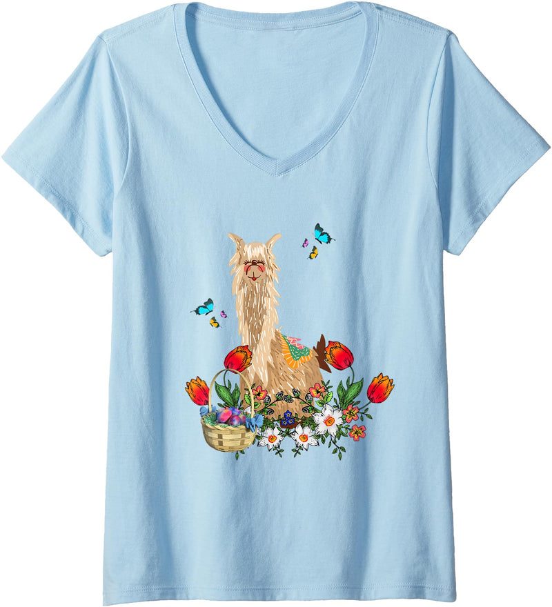 Easter Lama, Llama Lover Womens Lama, Llama With Easter Eggs Basket V-Neck T-Shirt - Baby Blue
