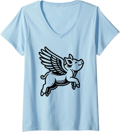 Women's Funny Flying Pig Oink Aviator V-Neck T-Shirt