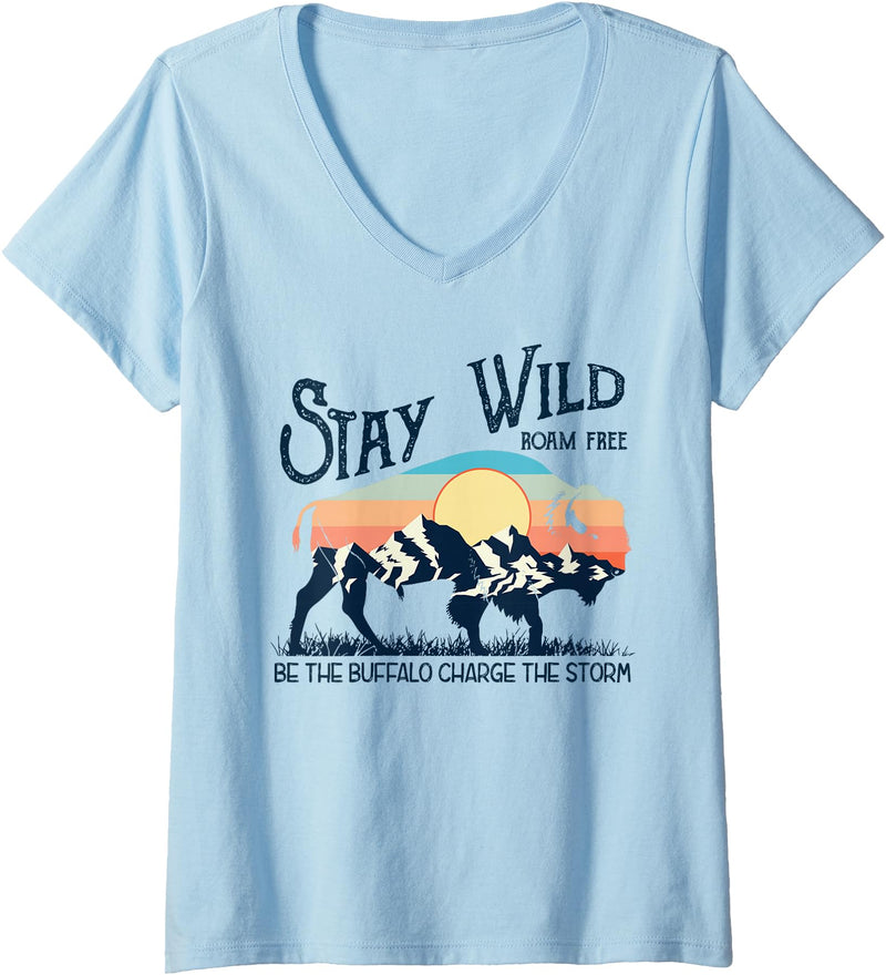 Buffalo Bison National Park Wild Animal Lover Womens W4Mx Retro Stay Wild Roam Free The Buffalo Charge The Storm V-Neck