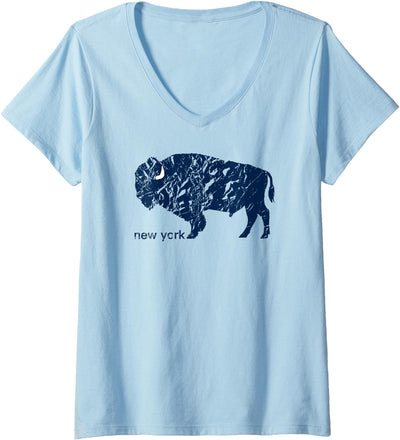Womens Whereabouts Buffalo Ny Blue Distressed Buffalo V-Neck T-Shirt