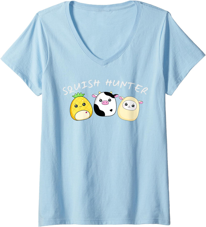 Funny anime designs Womens Squish hunter cute animals pineapple cow lamb V-Neck T-Shirt - Baby Blue