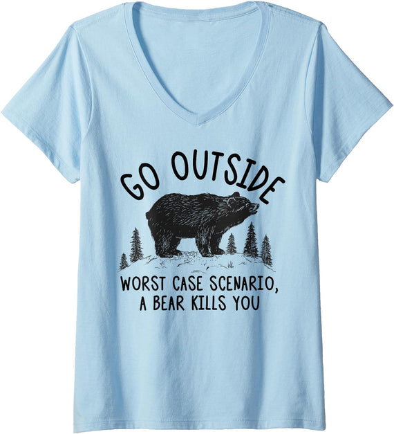 Camping Lover Tee Shirt Women's Go Outside Worst Case Scenario a Bear Kills You Funny Shirt V-Neck T-Shirt - Baby Blue