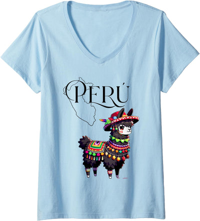 Ceci Merch Studio Women's Attractive Casual Peruvian Andean Graphic Llama V-Neck T-Shirt
