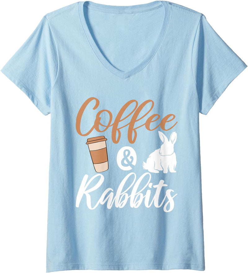 Womens Coffee and Rabbits Cute Rabbit Lover V-Neck T-Shirt in Baby Blue