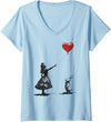 Womens Alice in Wonderland with Balloon and Rabbit V-Neck T-Shirt in Baby Blue