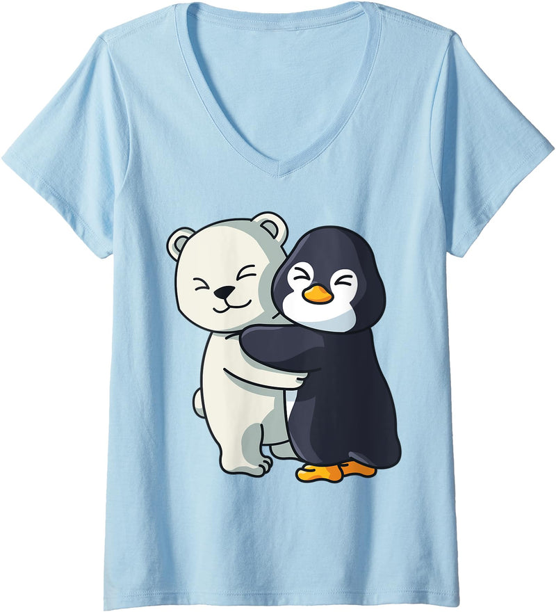 Penguin and Polar Bear Hug Antarctica Animals Womens Cute Polar Bear and Penguin Arctic Animal Lover Hugging V-Neck T-Shirt - Baby Blue