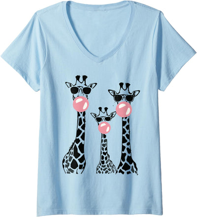 Womens Cute Giraffe Trio Blowing Bubble Gum with Sunglasses V-Neck T-Shirt