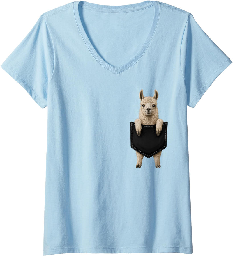 Funny Llama in Pocket Women's Llama Lover Cute Pocket V-Neck T-Shirt - Baby Blue