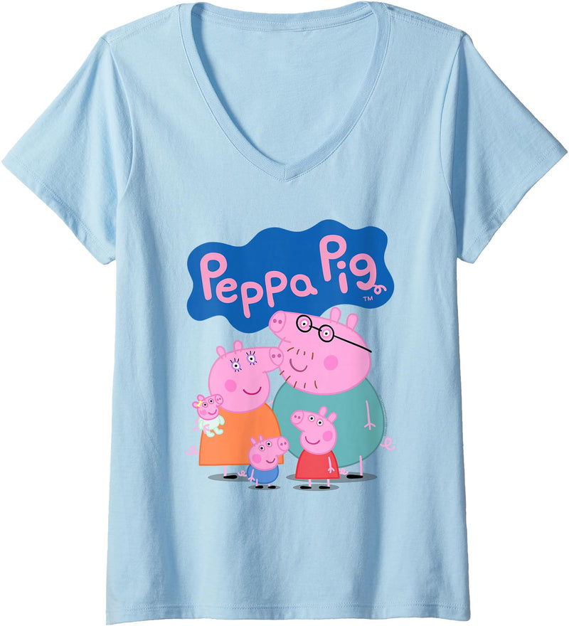 Womens Peppa Pig 20th Anniversary Whole Family Portrait V-Neck T-Shirt - Baby Blue