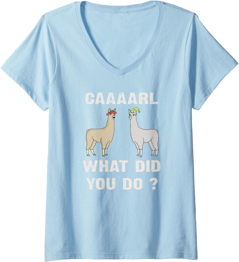 GenX Gear Women's Funny Llamas Carl What did You Do? CAAAARL with Hats Meme V-Neck T-Shirt - Baby Blue