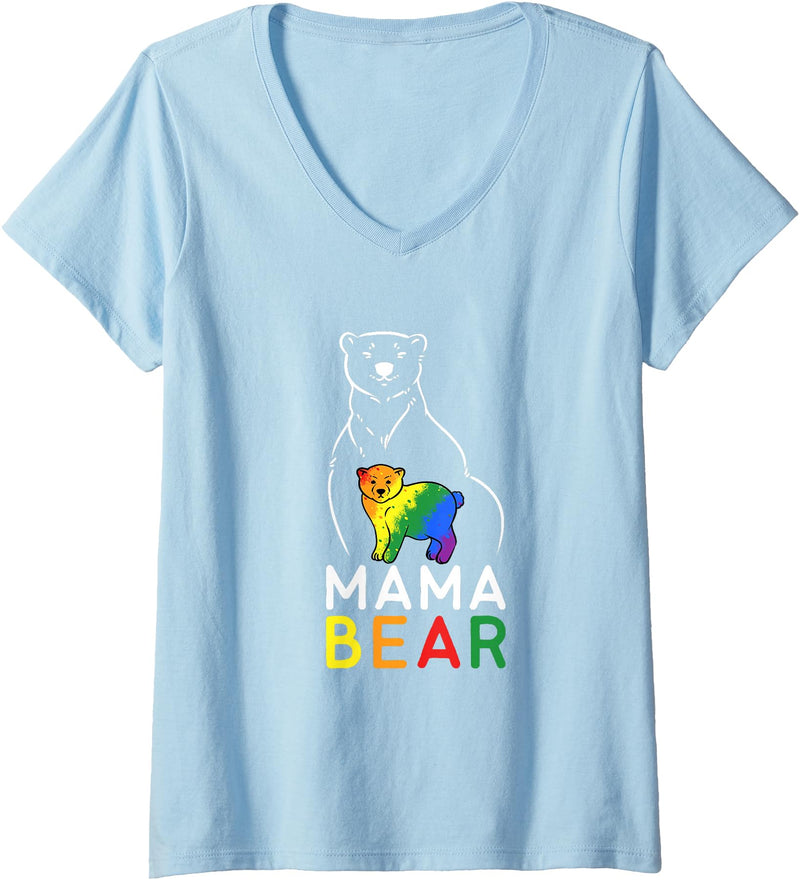 Pride Month Merch Gifts Women's LGBT Mama Bear Gay Pride Equal Rights Rainbow V-Neck T-Shirt - Baby Blue