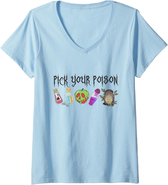Womens Pick Your Poison Happy Halloween Day Party Spooky Funny V-Neck T-Shirt - Baby Blue