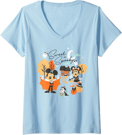 Women's Disney Halloween Mickey & Minnie Sweet and Spooky Cute Fall V-Neck T-Shirt