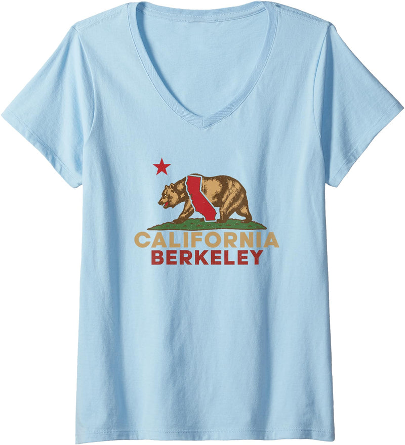 California Bear Vintage Berkeley West Coast Women's Berkeley California Vintage Bear Retro State Pride V-Neck T-Shirt - Baby Blue