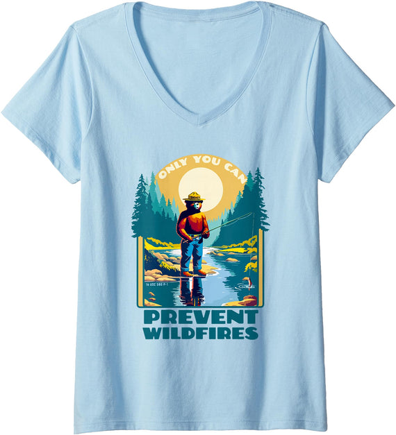 Giant Step Design Co. Fishing Smokey Bear Only You Can Prevent Wildfires Vintage V-Neck T-Shirt - Baby Blue