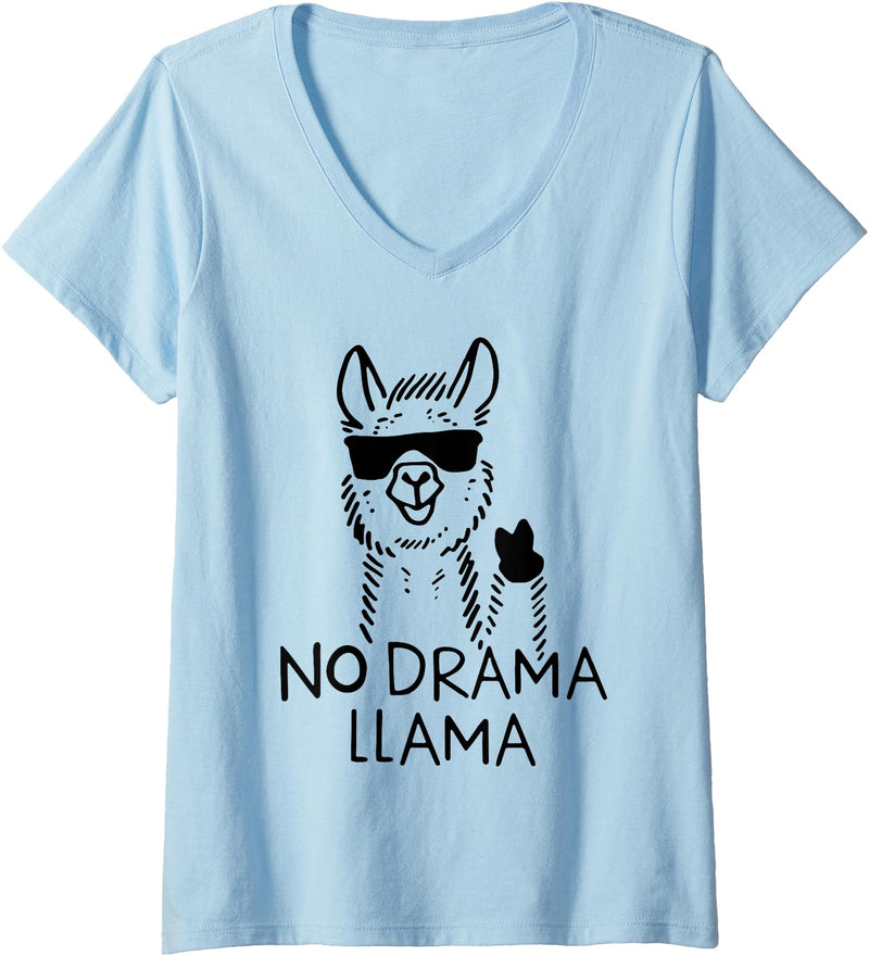 Funny Alpaca, No Drama Llama Womens Funny Llama, No Drama Llama V-Neck T-Shirt - Baby Blue