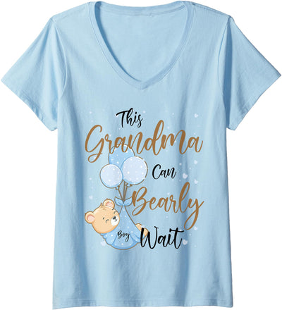 Womens Baby Bear Baby Shower Theme Grandma Bearly Wait Baby Boy V-Neck T-Shirt