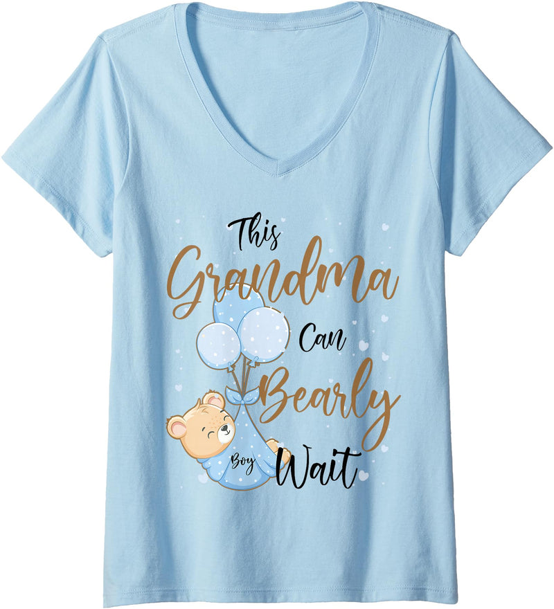 Baby Bear Baby Shower Theme Matching Co Womens Baby Bear Baby Shower Theme Grandma Bearly Wait Baby Boy V-Neck T-Shirt - Baby Blue