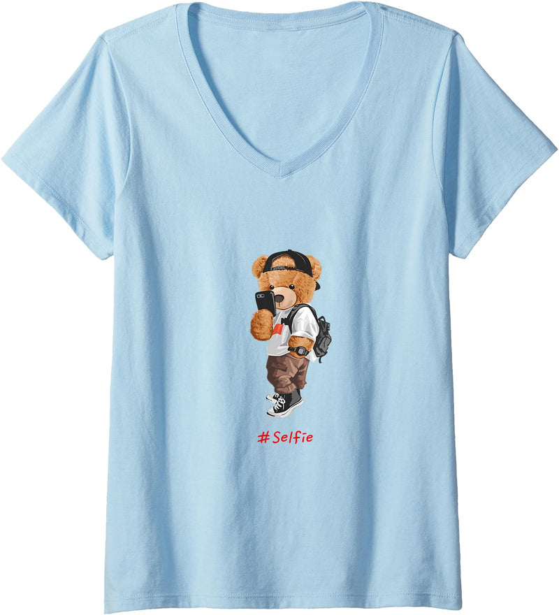 Bahaa's Tee Womens Men's Women's Kids Teddy Bear Graphic Cool Designs Funny V-Neck T-Shirt - Baby Blue