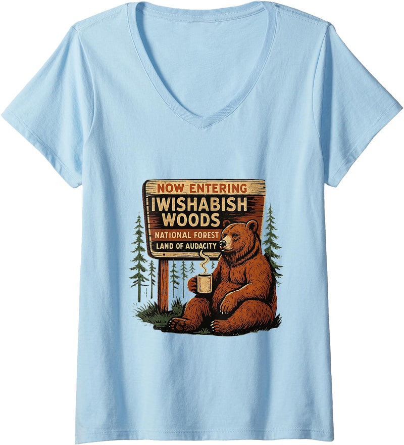 Funny Bear Woods Vintage Art Women's I Wish A Bish Woods Funny Bear Vintage Design V-Neck T-Shirt - Baby Blue
