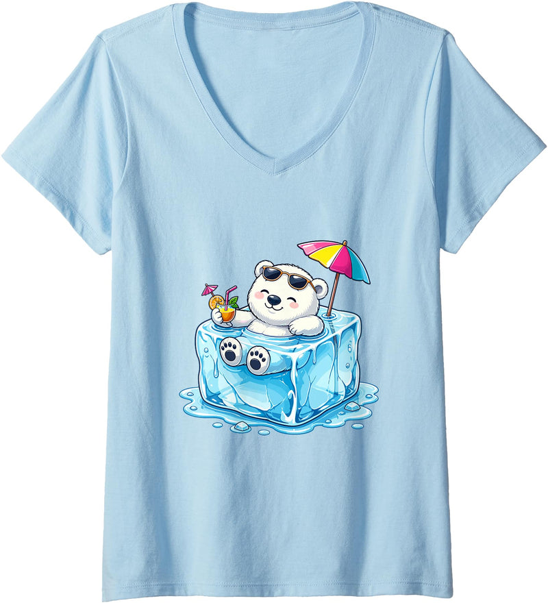 Cool Polar Bear Summer Ice Cube Relax Women's Chill Polar Bear On Ice Cube Summer Vacation V-Neck T-Shirt - Baby Blue