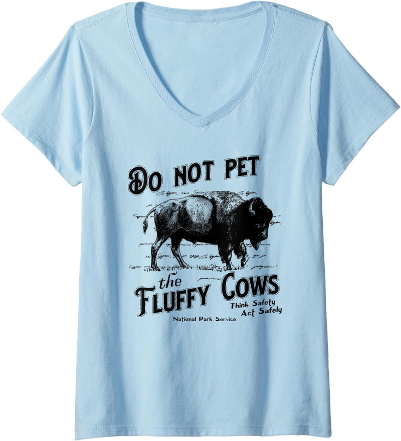 Womens Do Not Pet The Fluffy Cows American Bison Vintage V-Neck T-Shirt - Baby Blue