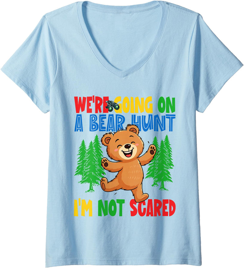 Cute Cartoon Bear Matching Family Outing for Kids Womens We're Going on a Bear Hunt I'm Not Scared Playful Kids Cute V-Neck T-Shirt - Baby Blue