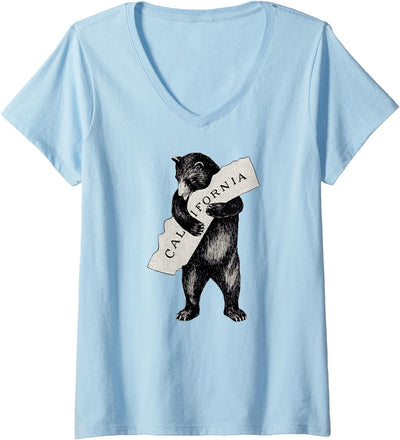 Womens Retro I Love California Shirt Art-Vintage Cali Pride Bear V-Neck T-Shirt