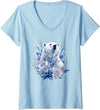 Arctic Polar Bear Crystal Flowers Nature Women's Majestic Arctic Polar Bear with Ice Flowers Fantasy V-Neck T-Shirt - Baby Blue