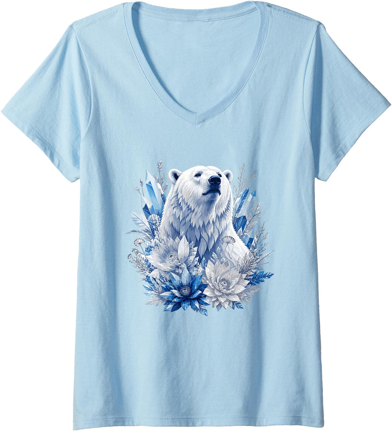 Arctic Polar Bear Crystal Flowers Nature Women's Majestic Arctic Polar Bear with Ice Flowers Fantasy V-Neck T-Shirt - Baby Blue