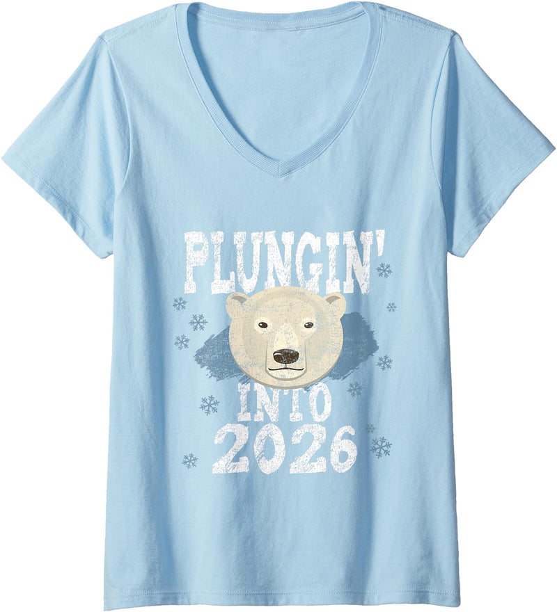 Take The Plunge Designs Womens Polar Bear Plunge - Plungin' Into 2026 New Year Cold Water V-Neck T-Shirt - Baby Blue