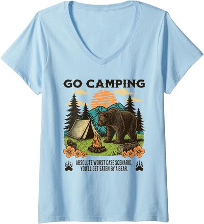 Women's Go Camping Worst Case Scenario You Get Eaten By A Bear Humor V-Neck T-Shirt