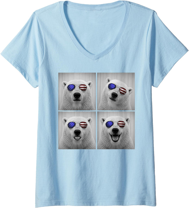 Retro Polar Bear USA July Fourth Photo Booth Women's Polar Bear 4th of July US American Flag Patriotic V-Neck T-Shirt - Baby Blue