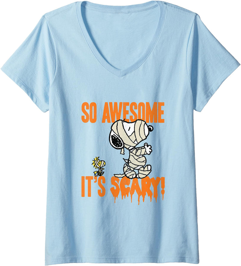 Womens Peanuts Halloween Snoopy Scary Mummy V-Neck T-Shirt - Baby Blue