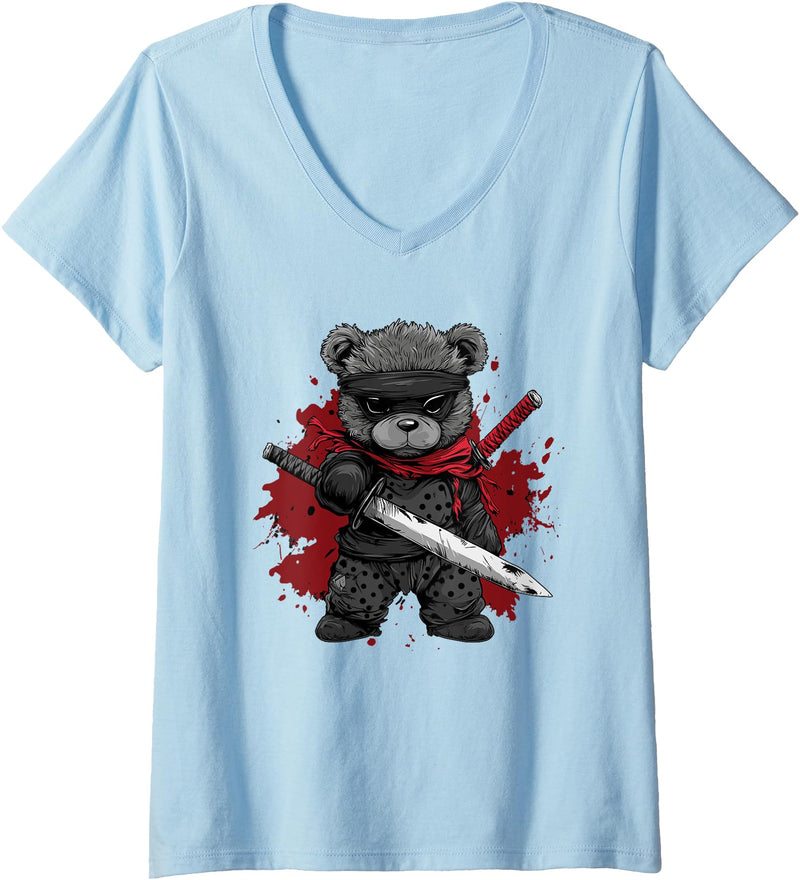 dark teddy bear love Womens Ninja Teddy Bear V-Neck T-Shirt - Baby Blue