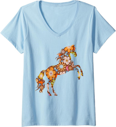 Rustic Meadow Co. Women's Cute Horse Design Boho Floral Cottagecore Horse Lover Shirt V-Neck T-Shirt