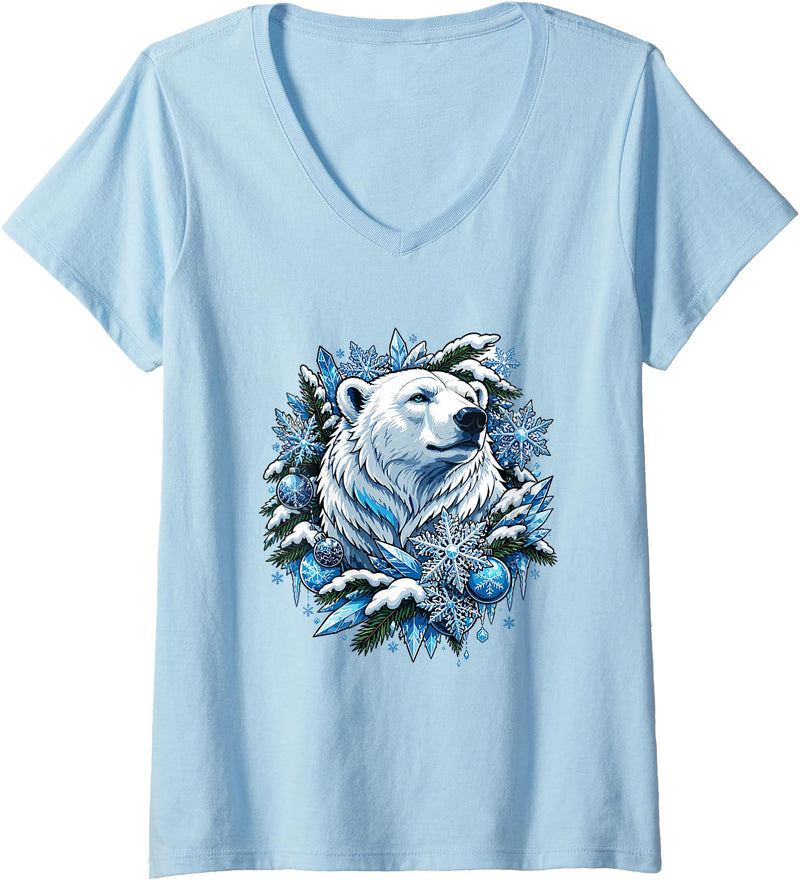 Arctic Polar Bear Winter Snowflakes Women's Christmas Polar Bear Wreath Ice Crystals V-Neck T-Shirt - Baby Blue