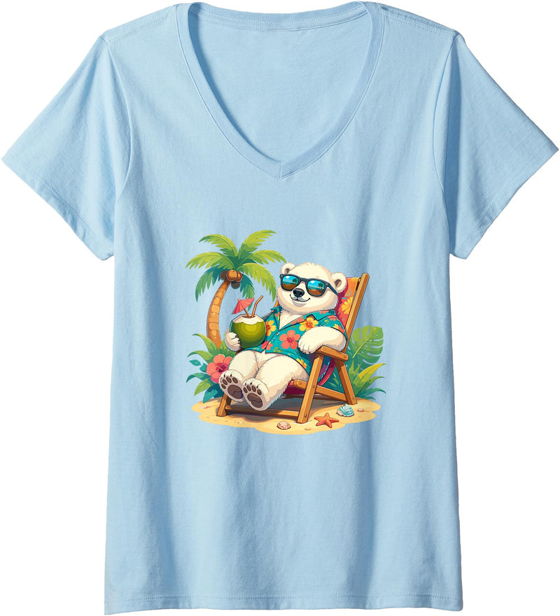 Tropical Polar Bear Summer Beach Vibes Women's Relaxed Polar Bear Hawaiian Shirt Summer Beach V-Neck T-Shirt - Baby Blue