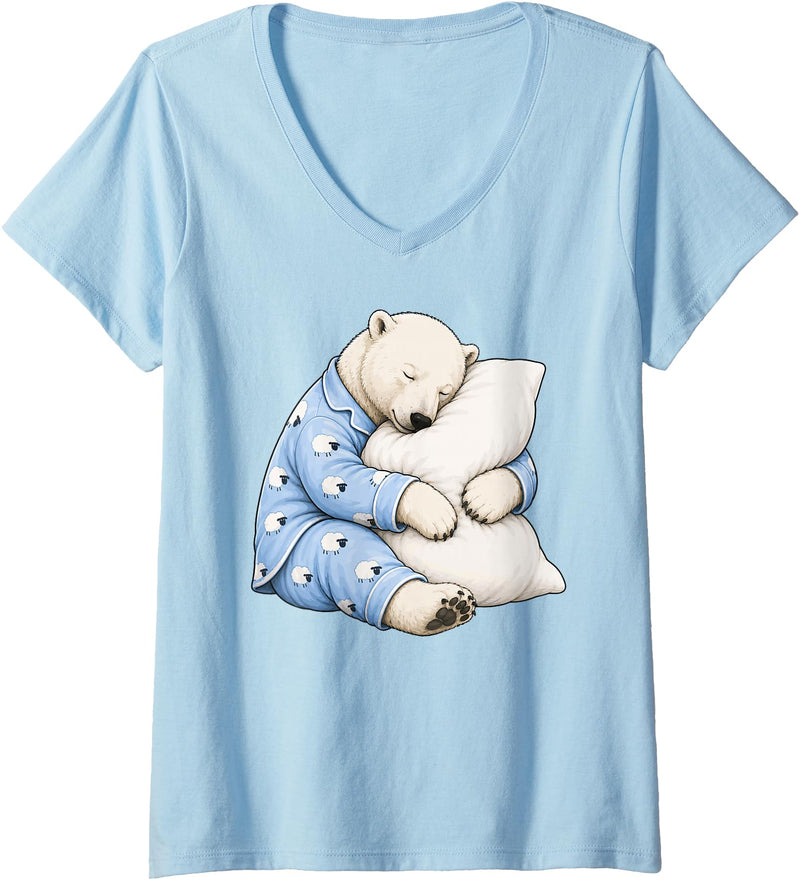 Funny Sleepy Polar Bear Pajama Women's Polar Bear Sleeping in Cute Pajamas Sleep V-Neck T-Shirt - Baby Blue