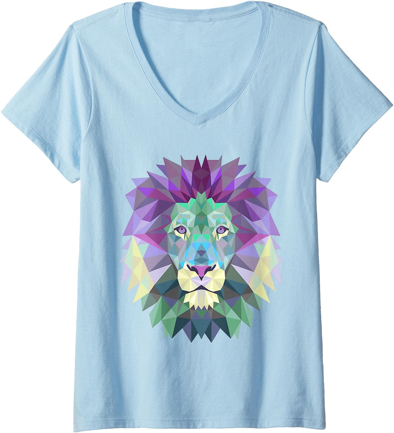 Lion Shirts JG Womens Lion Face Shirt Cool Zoo Animals V-Neck T-Shirt - Baby Blue