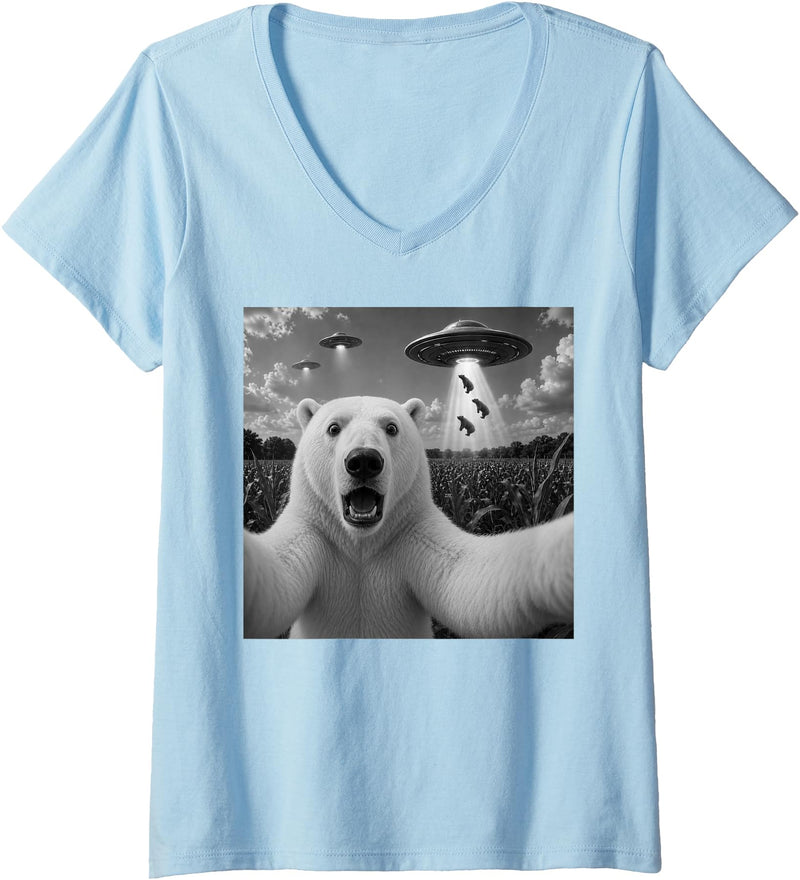 Retro Polar Bear Selfie with UFOs Meme Women's Polar Bear Selfie with UFO Alien Funny V-Neck T-Shirt - Baby Blue