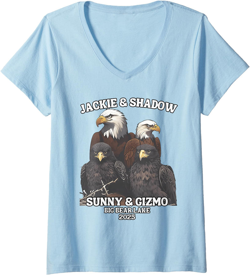 Jackie and Shadow Bald Eagle Family Tee Womens Jackie And Shadow Sunny And Gizmo Big Bear Lake 2025 V-Neck T-Shirt - Baby Blue