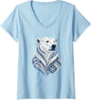 Arctic Polar Bear Nordic Snowflake Spirit Women's Winter Nordic Polar Bear Snowflake Pattern V-Neck T-Shirt - Baby Blue