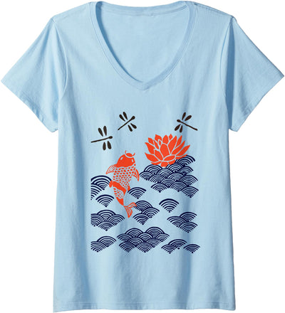 Womens japanese style koi fish dragonfly wave art print V-Neck T-Shirt