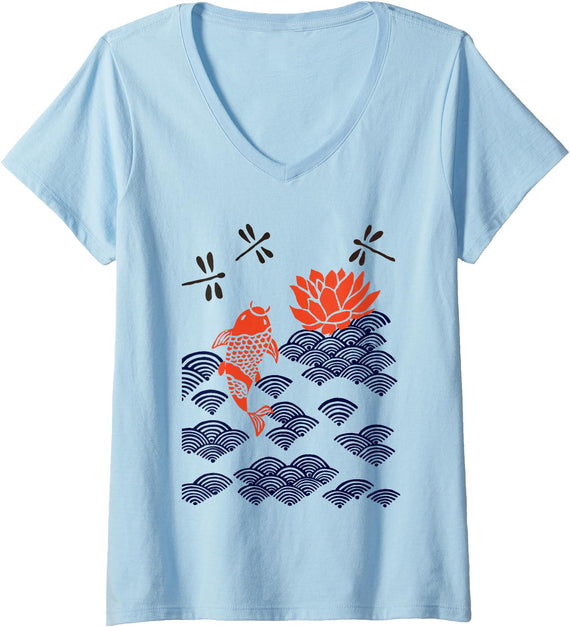 japanese style koi fish dragonfly v-neck t-shirt Womens japanese style koi fish dragonfly wave art print V-Neck T-Shirt - Baby Blue