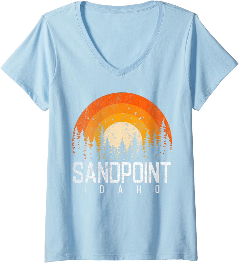 Womens Sandpoint Idaho ID Shirt Retro Vintage 70s 80s 90s Gift V-Neck T-Shirt - Baby Blue